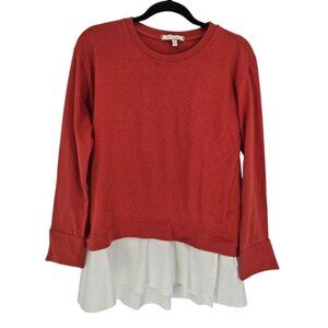 Eri ali womens XS rusty coral mixed media faux shirt tail long sleeve sweater